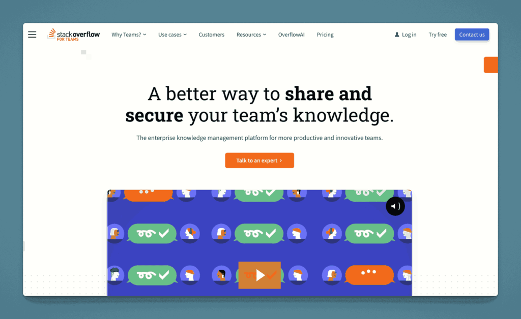 Stack Overflow for Teams enterprise knowledge management platform for sharing and securing team knowledge through Q&A format