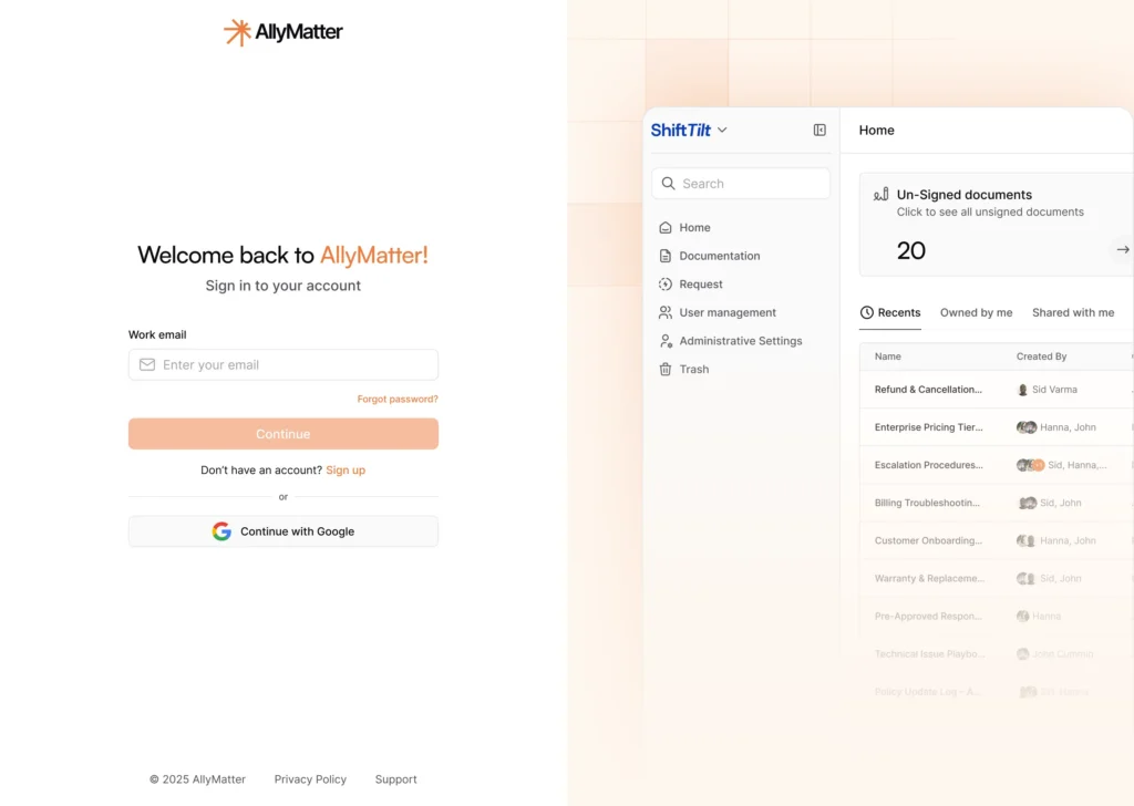 AllyMatter platform interface showing centralized documentation with user management, version control, and organized file structure for enterprise knowledge management