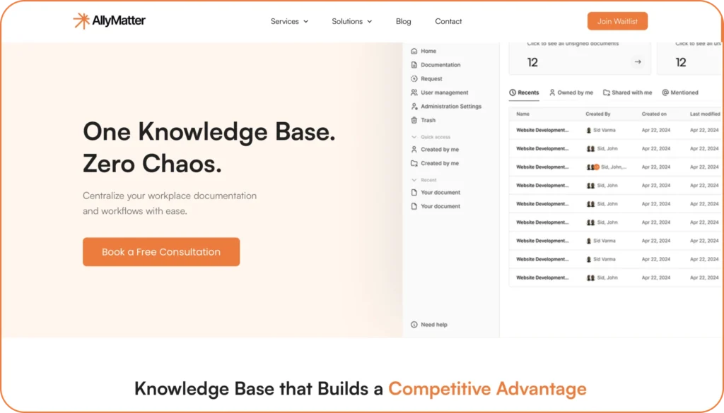 AllyMatter platform interface showing centralized documentation with user management, version control, and organized file structure for enterprise knowledge management