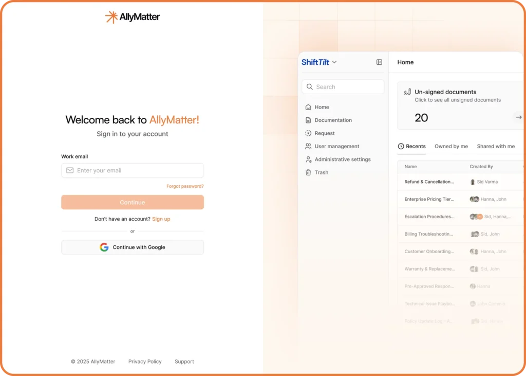 AllyMatter dashboard displaying document management interface with 20 unsigned documents, navigation menu, and recent document activity for team collaboration