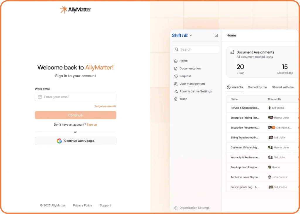 AllyMatter platform interface showing centralized documentation with user management, version control, and organized file structure for enterprise knowledge management