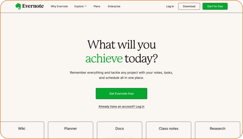 Evernote homepage highlighting note-taking and knowledge management features with multiple content organization options including wiki, planner, and research tools