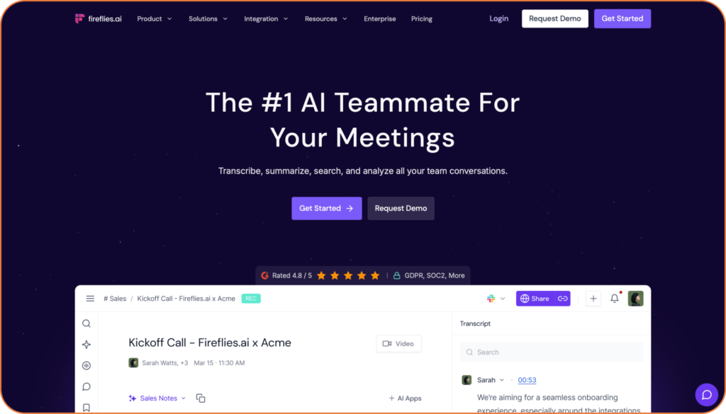 Fireflies.ai AI teammate interface showing meeting transcription, search, and analysis features for capturing knowledge from team conversations
