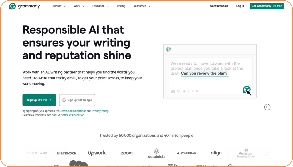 Grammarly homepage showcasing responsible AI that ensures your writing and reputation shine, featuring writing collaboration interface and trusted by 50,000 organizations