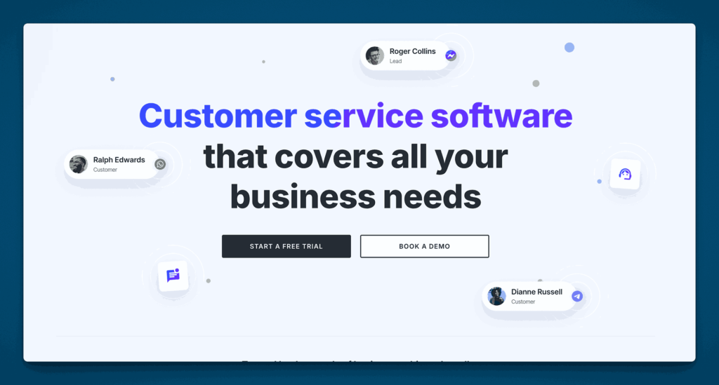 HelpCrunch customer service software homepage featuring comprehensive business communication tools with customer profiles and "Start a free trial" call-to-action for integrated knowledge base functionality