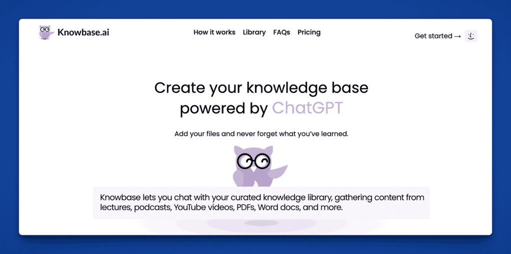 Knowbase.ai ChatGPT-powered knowledge base platform homepage with owl mascot showing "Create your knowledge base powered by ChatGPT" for curated content from various file formats