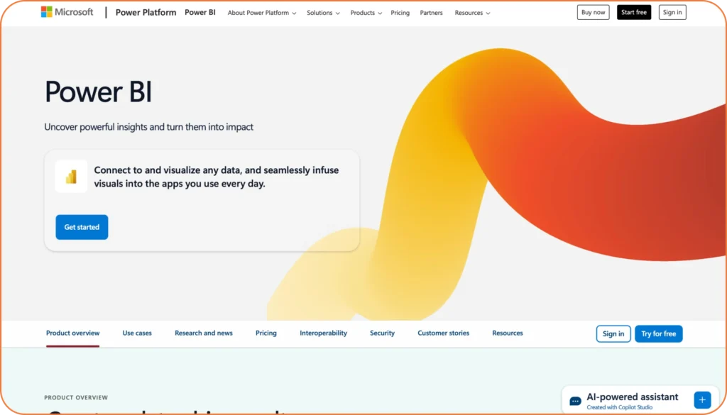 PowerBI homepage featuring data visualization and business intelligence tools for uncovering insights from knowledge base usage and analytics