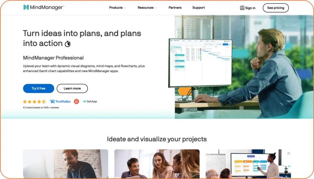 MindManager professional interface showing dynamic visual diagrams and mind maps for turning ideas into actionable plans and knowledge visualization