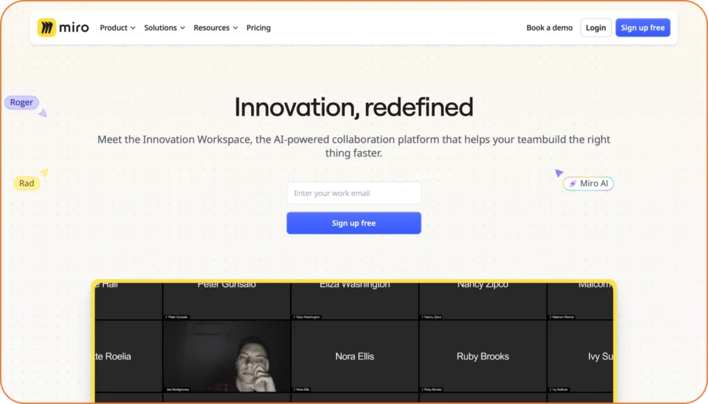 Miro innovation workspace featuring AI-powered collaboration tools for visual thinking and team brainstorming with mind mapping capabilities