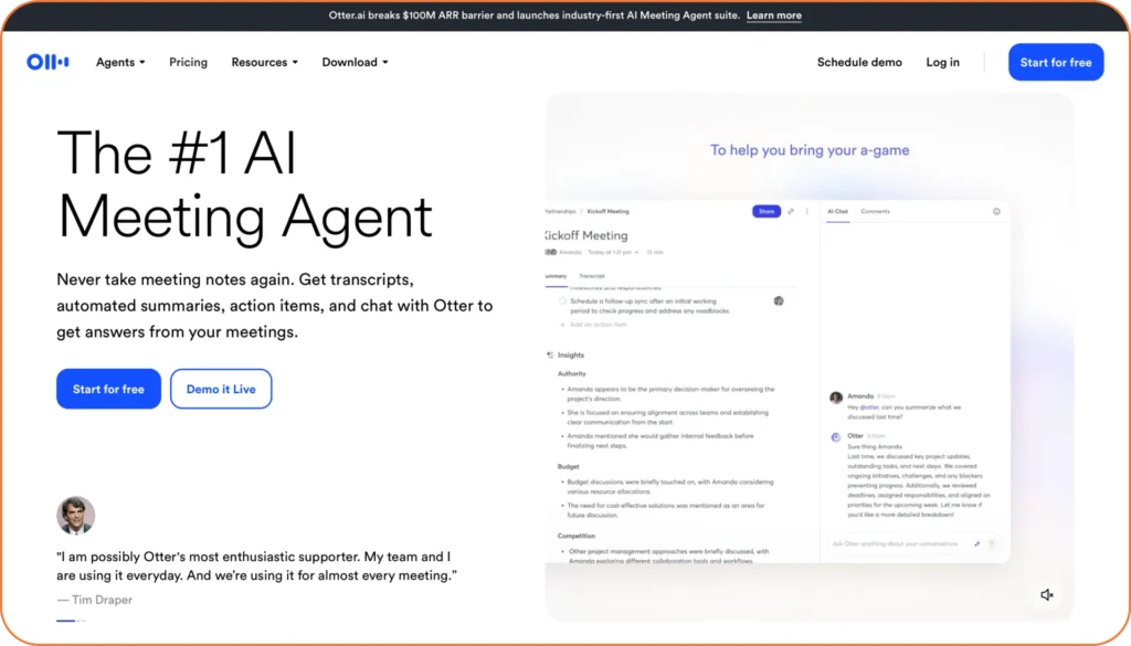 Otter.ai interface showing automated meeting transcription and AI chat features for knowledge capture, with meeting summary and action items displayed