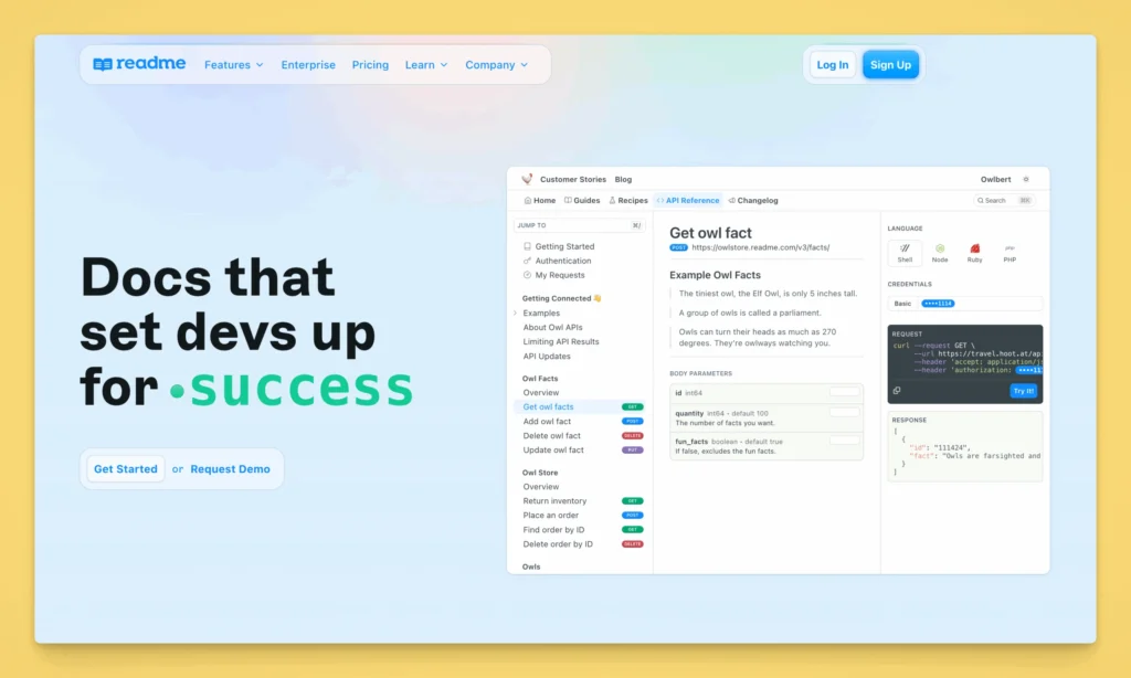 ReadMe API documentation platform homepage showing interactive developer hub interface with owl facts API example, navigation sidebar, and "Try It" functionality for testing endpoints directly from documentation