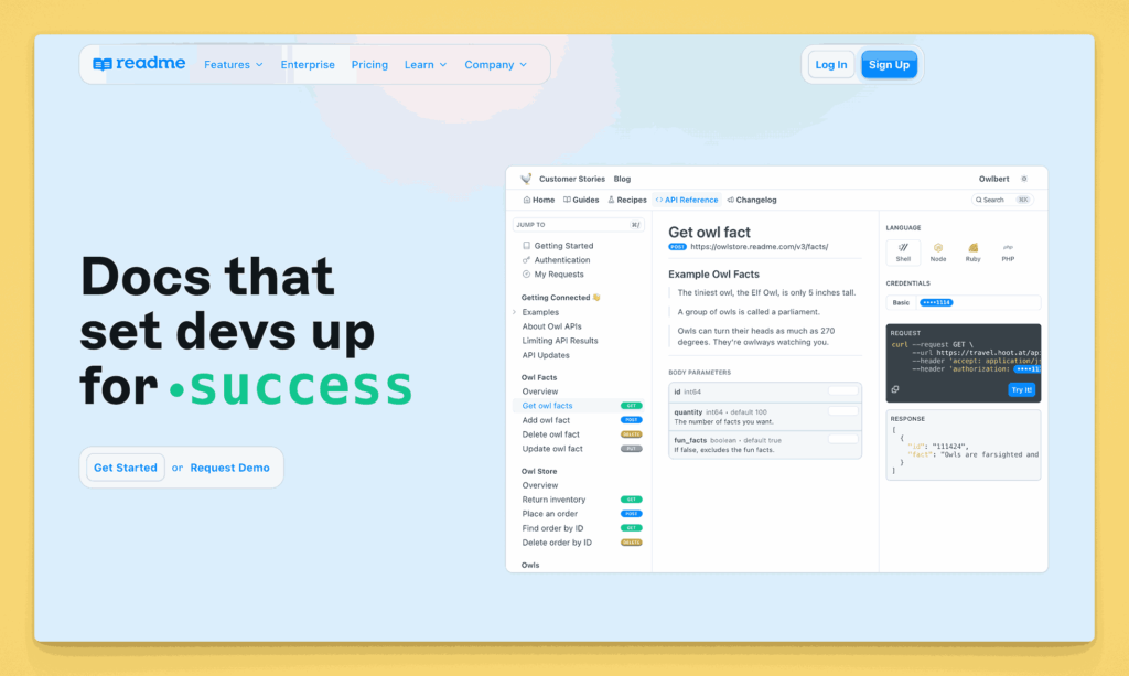 ReadMe API documentation platform homepage showing interactive developer hub interface with owl facts API example, navigation sidebar, and "Try It" functionality for testing endpoints directly from documentation