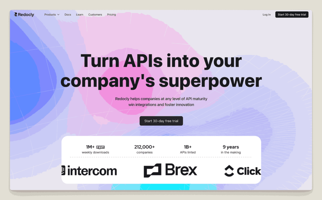 Redocly API lifecycle management platform homepage featuring "Turn APIs into your company's superpower" tagline with gradient background and company statistics showing 1M+ weekly downloads and 212,000+ companies