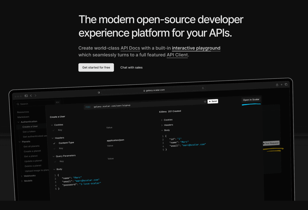 Scalar open-source developer experience platform for APIs featuring interactive playground interface with dark theme, real-time API testing capabilities, and modern documentation layout