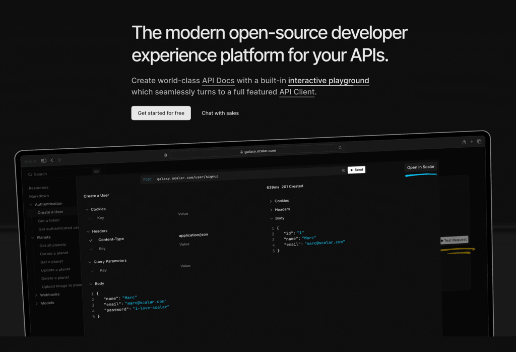 Scalar open-source developer experience platform for APIs featuring interactive playground interface with dark theme, real-time API testing capabilities, and modern documentation layout