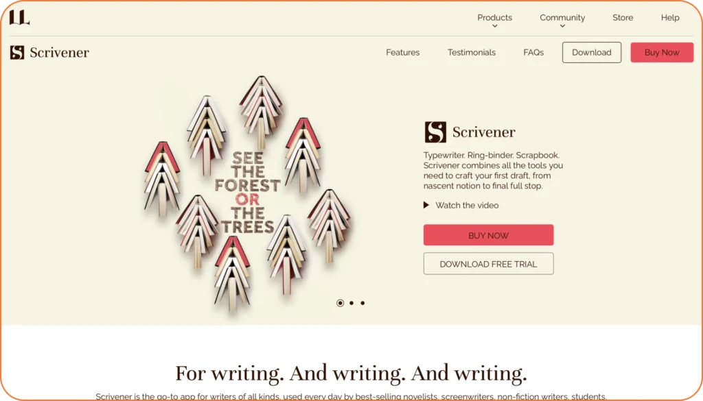 Scrivener homepage featuring 'see the forest or the trees' concept with organizational tools for complex document management and structured writing projects