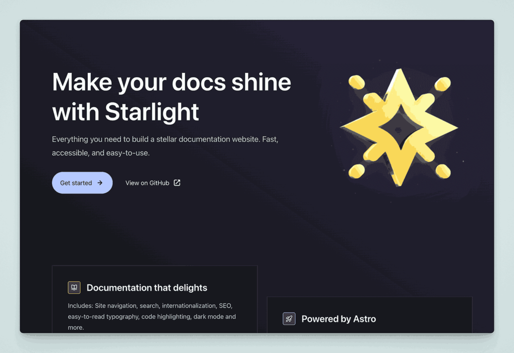 Starlight documentation site builder homepage featuring "Make your docs shine" with Astro-powered platform offering fast, accessible documentation websites and stellar logo design