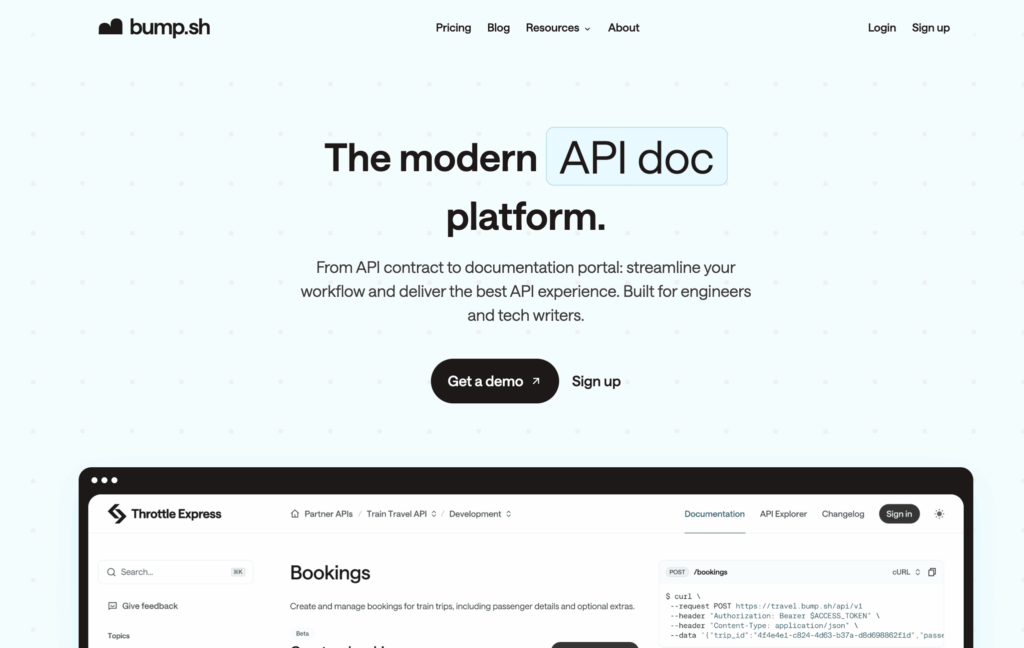 Bump.sh modern API documentation platform showing automated API contract management with "Get a demo" interface and documentation portal preview for streamlined developer workflows