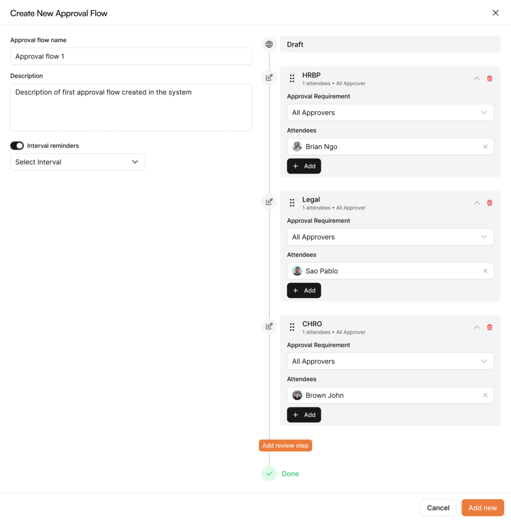 AllyMatter approval workflow configuration showing HRBP, Legal, and CHRO approval stages with named approvers and approval requirements for HR policy version control