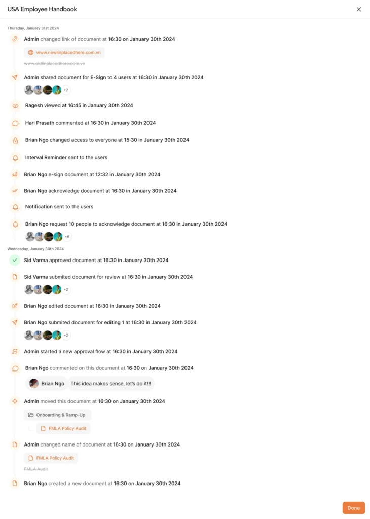 Document audit trail showing approval workflow with timestamps, user actions, e-signatures, and version history for compliance tracking