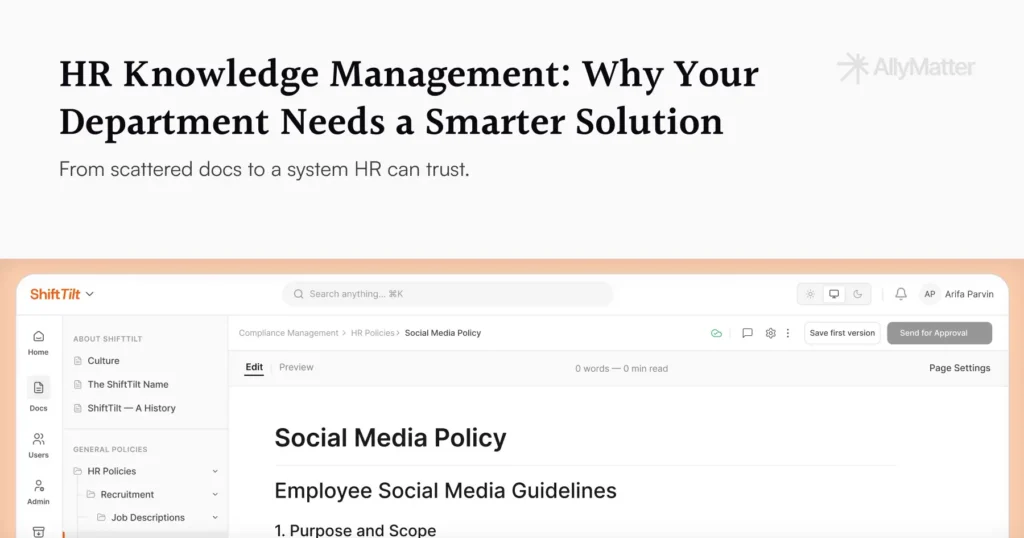 Blog banner for HR Knowledge Management: Why Your Department Needs a Smarter Solution, with AllyMatter logo and a partial screenshot of the AllyMatter interface showing a Social Media Policy document under Compliance Management in the HR Policies section