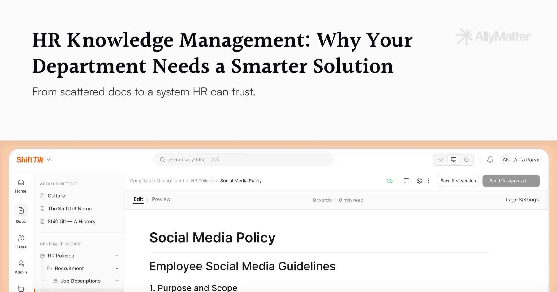 Blog banner for HR Knowledge Management: Why Your Department Needs a Smarter Solution, with AllyMatter logo and a partial screenshot of the AllyMatter interface showing a Social Media Policy document under Compliance Management in the HR Policies section