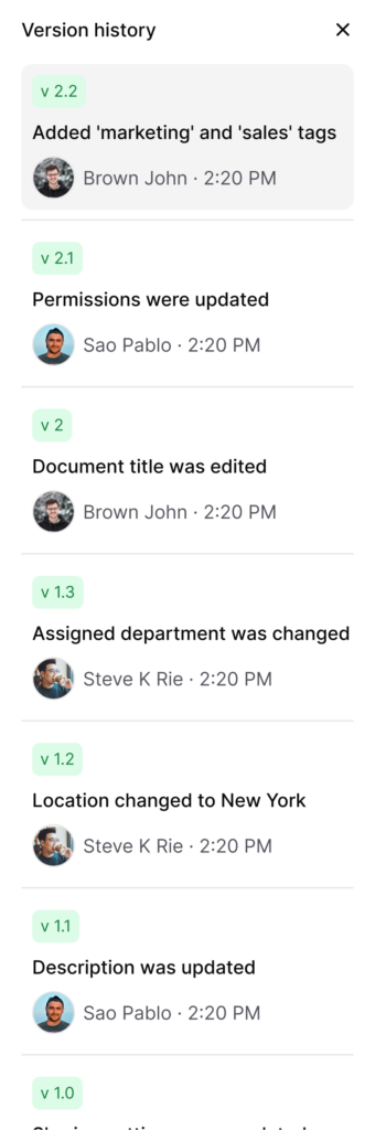 AllyMatter version history panel displaying document versions with change notes, editor names, timestamps, and version IDs for audit trail documentation