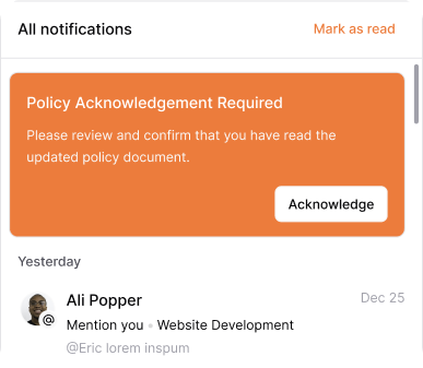 AllyMatter notifications view showing a required policy acknowledgment and a recent team mention from a colleague.