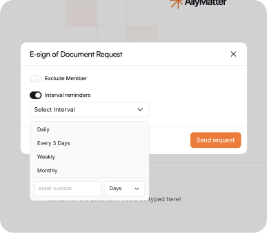 AllyMatter e-sign request panel showing options for reminder intervals such as daily, weekly, monthly, or custom.