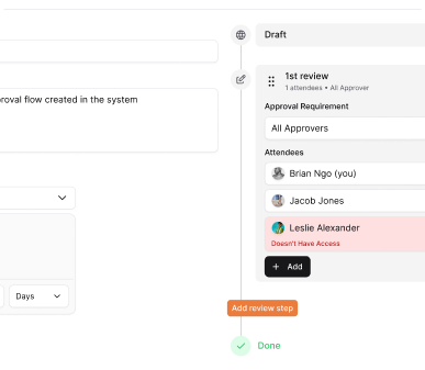 AllyMatter workflow screen showing draft status, first review stage, approver requirements, and attendee access warnings.