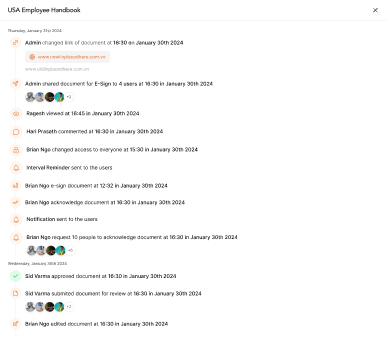 AllyMatter audit log displaying actions such as link changes, views, sharing, reminders, e-sign activity, and approvals for the USA Employee Handbook.