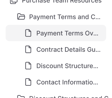 AllyMatter folder view showing payment terms, contract details, discount structures, and contact information documents.