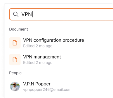 AllyMatter’s document search interface displaying results for 'VPN,' showcasing rapid retrieval of company procedures and people related to VPN configuration and management.