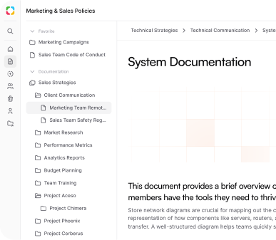 Screen showing AllyMatter’s documentation workspace with system documentation details, sidebar navigation for marketing and technical policies, and information on internal processes for teams.