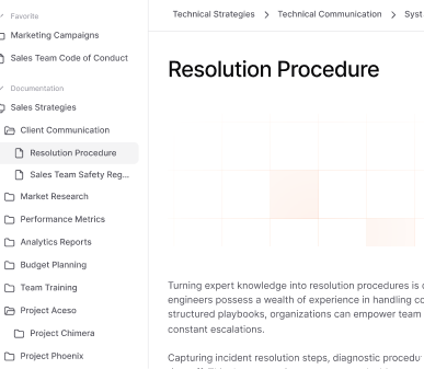 Screenshot of AllyMatter’s documentation interface showing a resolution procedure document for technical strategies, with a sidebar listing team folders and procedure categories.