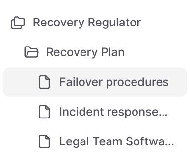Sidebar view showing folders and documents for recovery planning, including failover procedures, incident response, and legal team software documentation.
