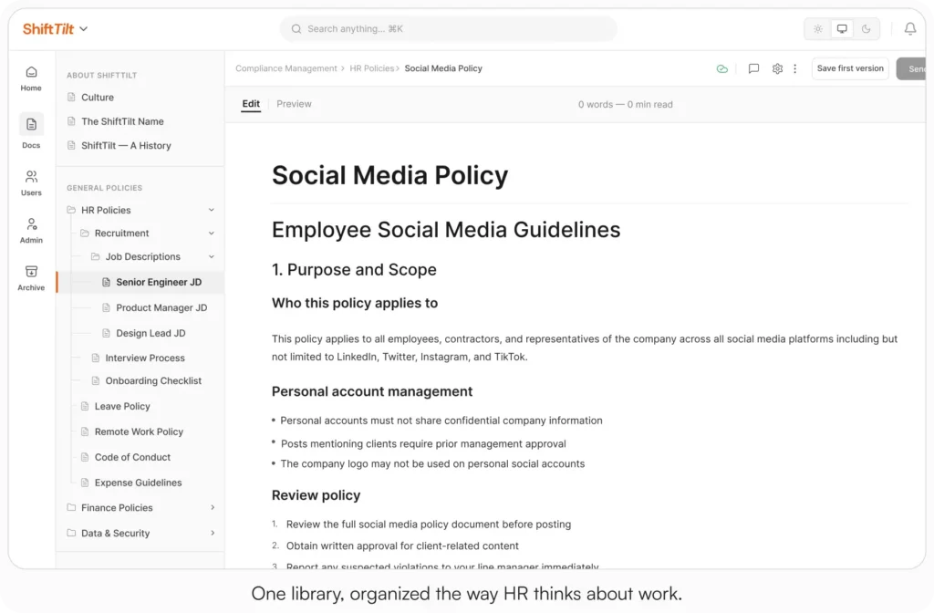 AllyMatter document library with a left sidebar showing HR Policies expanded into subfolders including Recruitment, Job Descriptions, and individual docs like Leave Policy and Code of Conduct. The main panel displays a Social Media Policy document with sections for Purpose and Scope, Personal account management, and Review policy.