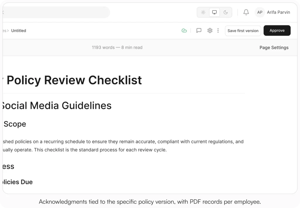 AllyMatter's document editor showing a Policy Review Checklist with Save First Version and Approve buttons visible in the top bar, alongside the document owner initials and notification icon.