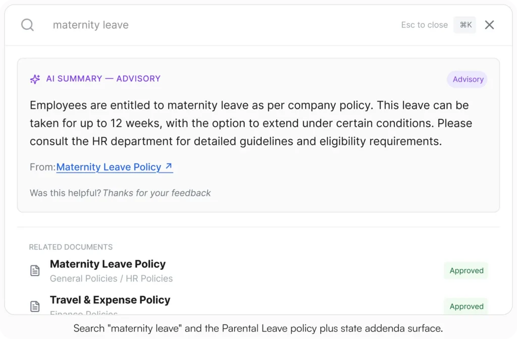 AllyMatter search interface with the query maternity leave showing an AI Summary Advisory card with a brief policy answer and a link to the source document. Two related documents appear below: Maternity Leave Policy and Travel and Expense Policy, both with Approved badges.