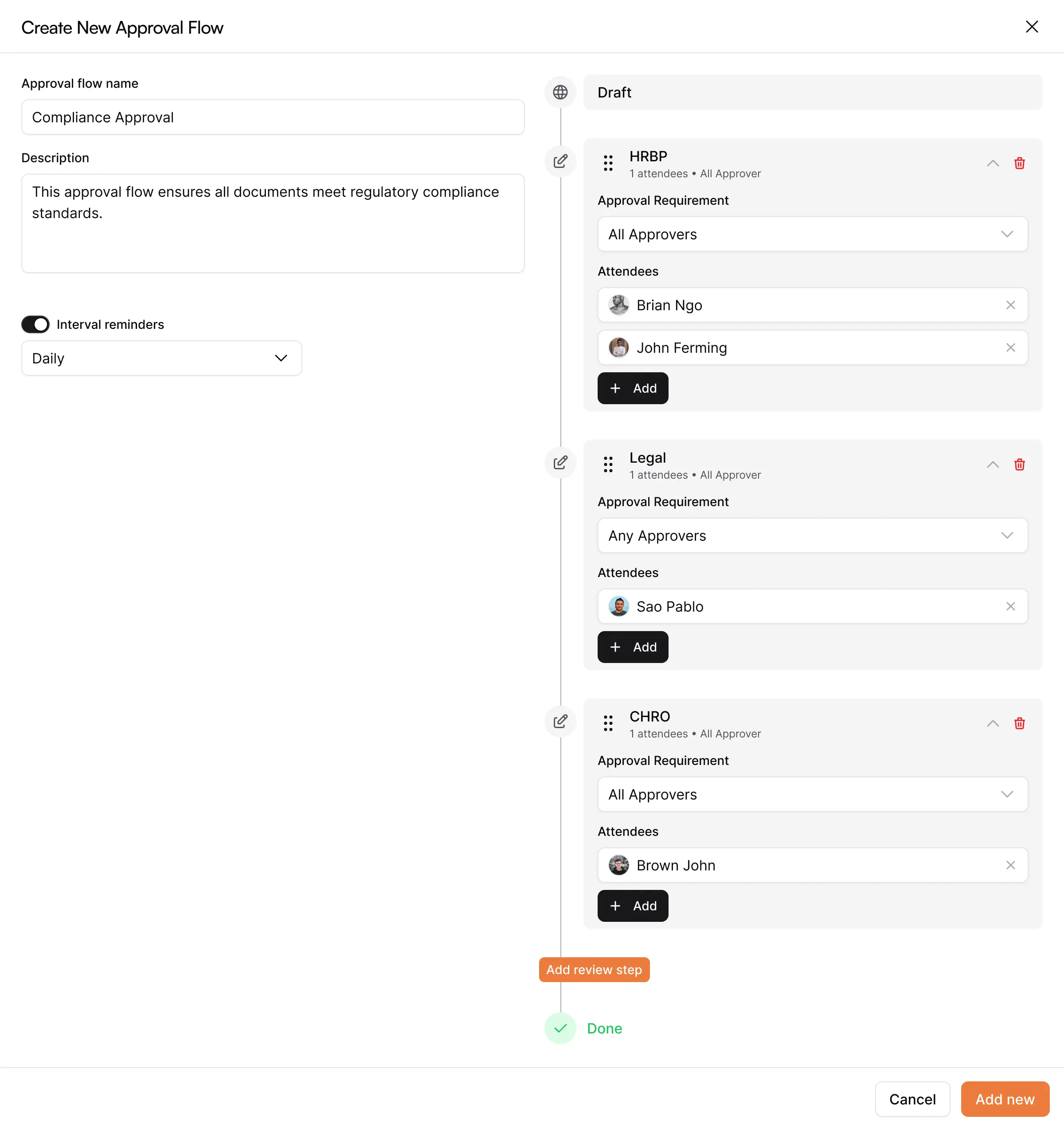 AllyMatter approval flow creation interface showing compliance workflow with multiple approval stages including HRBP, Legal, and CHRO reviewers
