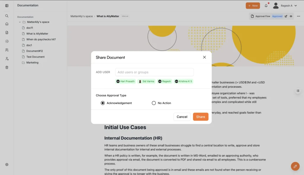AllyMatter document sharing dialog showing acknowledgement tracking option with user selection for document approval workflows