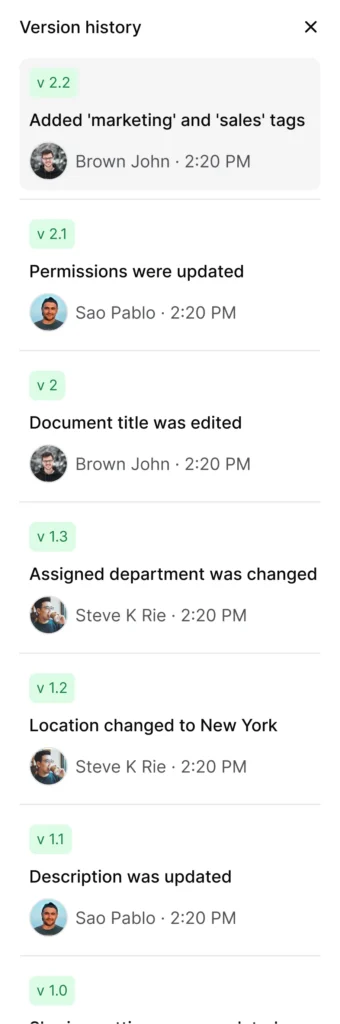 AllyMatter version history showing chronological document changes including tag updates, permission modifications, and content edits with user attribution