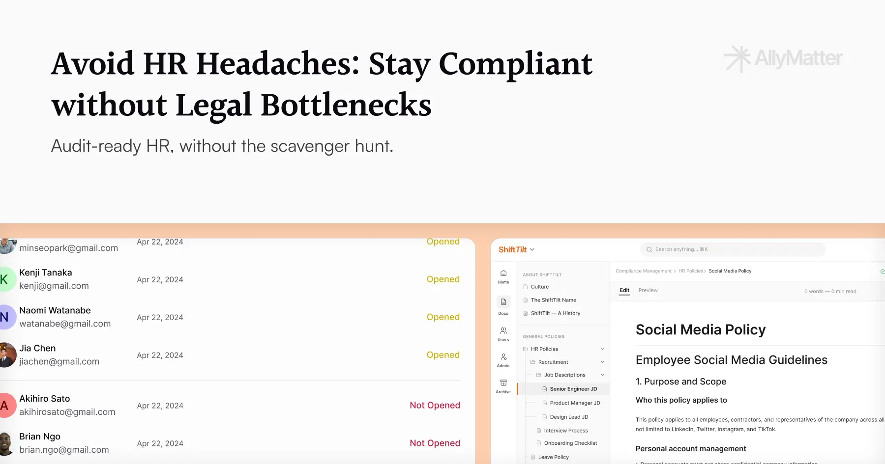 AllyMatter blog banner for the article Avoid HR Headaches: Stay Compliant without Legal Bottlenecks. The banner subtitle reads Audit-ready HR, without the scavenger hunt. Below the text, two AllyMatter UI screenshots are visible side by side: an acknowledgment tracking list on the left showing employee statuses, and an HR policy document editor on the right showing a Social Media Policy open within a structured library sidebar.