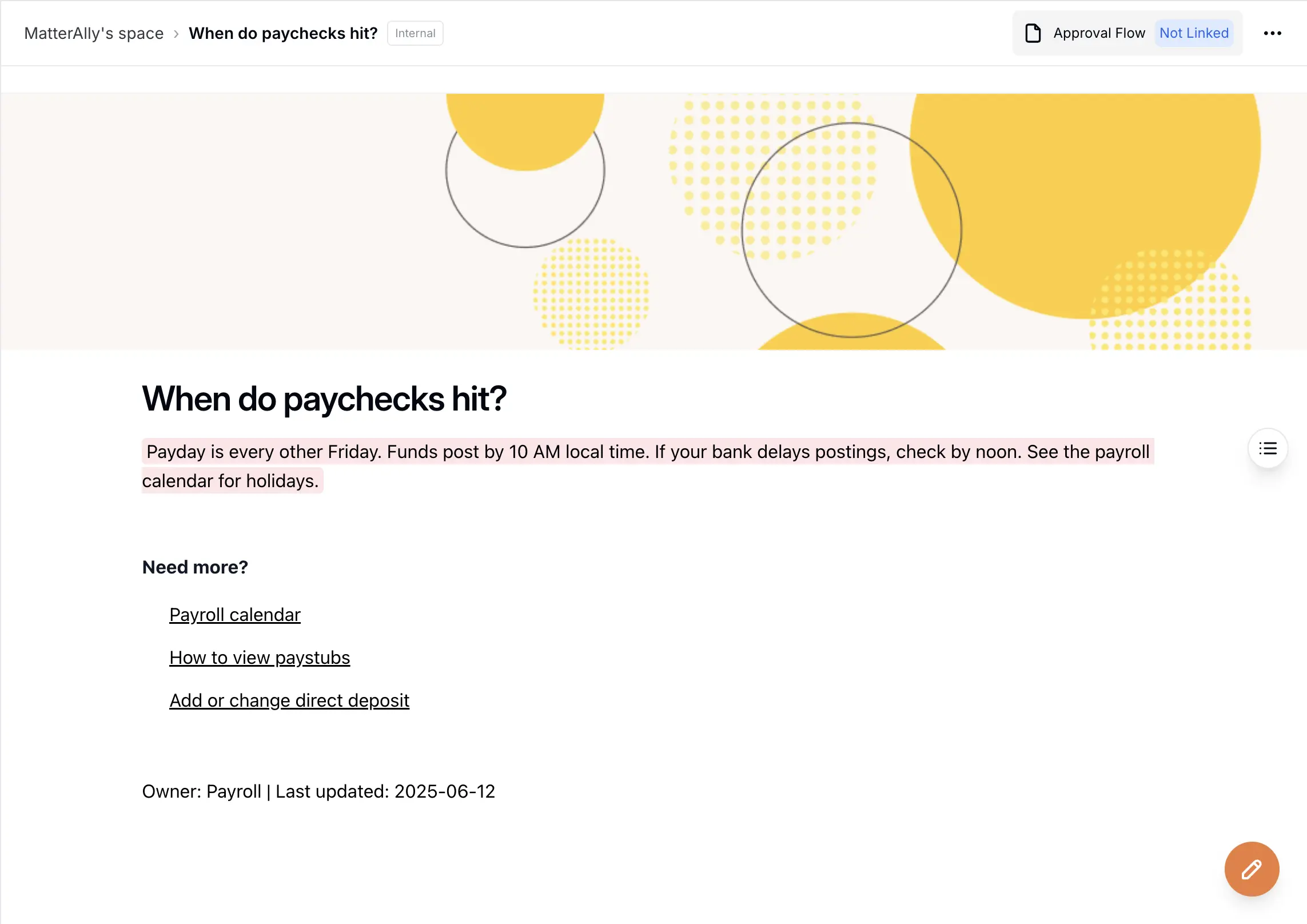 HR FAQ knowledge base entry with featured answer and related links to reduce HR tickets.