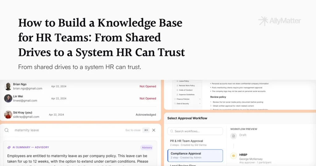 Hero banner for the AllyMatter blog post titled How to Build a Knowledge Base for HR Teams: From Shared Drives to a System HR Can Trust, with three AllyMatter UI screenshots showing acknowledgment tracking, a maternity leave search result, and an approval workflow selection modal.