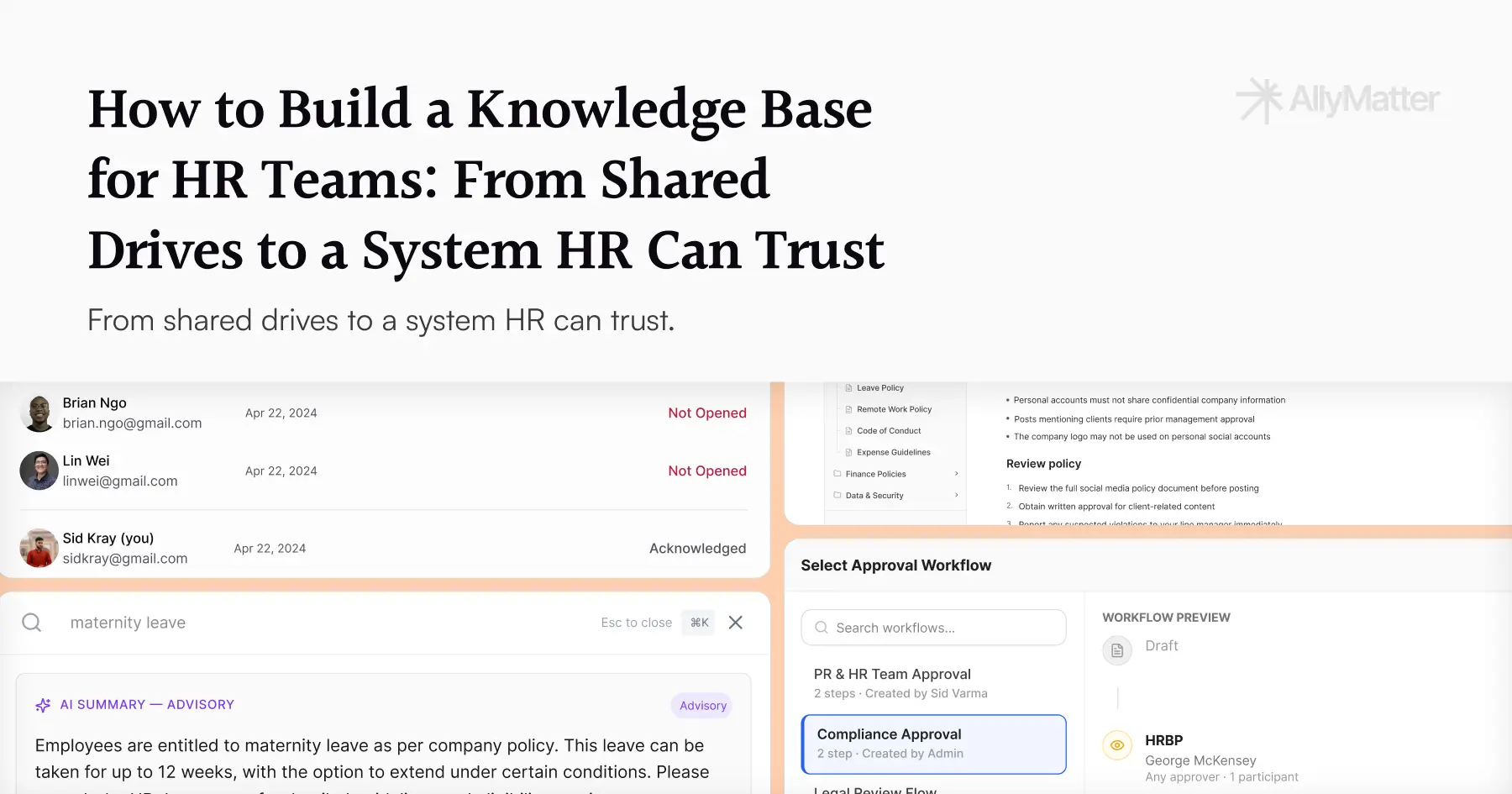 Hero banner for the AllyMatter blog post titled How to Build a Knowledge Base for HR Teams: From Shared Drives to a System HR Can Trust, with three AllyMatter UI screenshots showing acknowledgment tracking, a maternity leave search result, and an approval workflow selection modal.