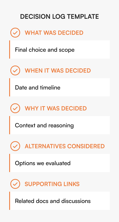 Decision log template showing fields for what was decided, when, why, alternatives considered, and supporting links to preserve institutional knowledge.