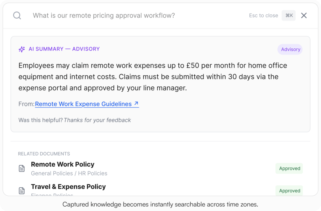 AllyMatter search results for the query "What is our remote pricing approval workflow?" showing an AI summary with remote work expense guidelines, and related documents including Remote Work Policy and Travel and Expense Policy, both marked as Approved.