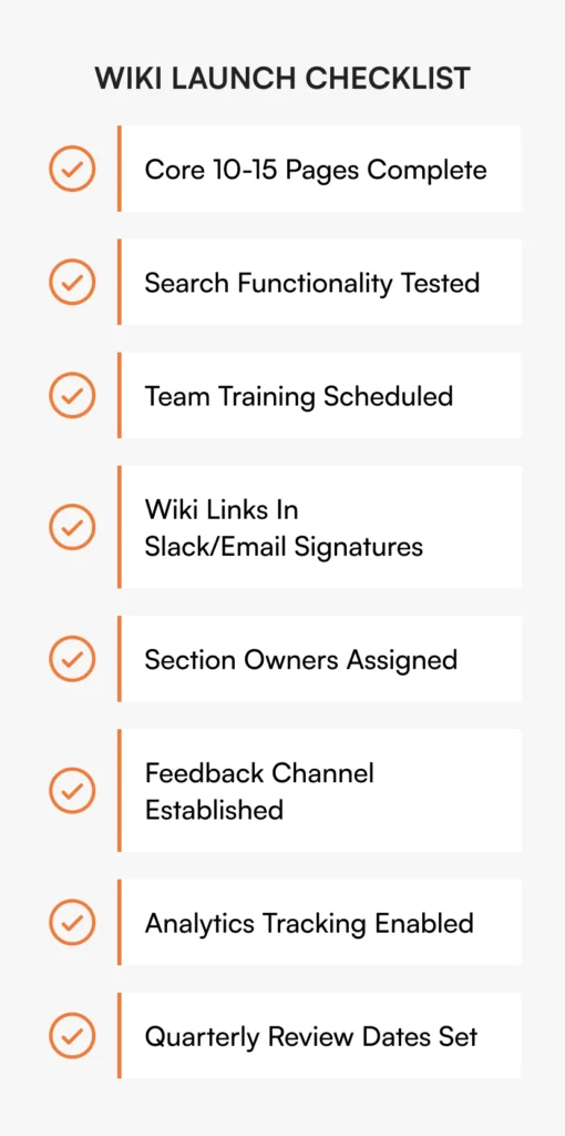 Wiki launch checklist for growing companies showing 8 essential steps before announcing your internal wiki to the team