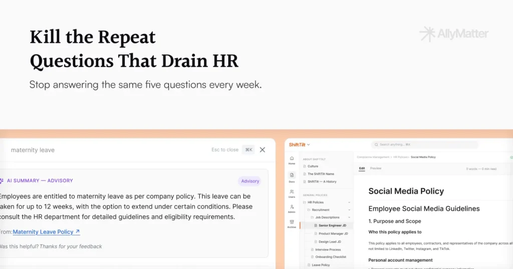AllyMatter blog banner titled Kill the Repeat Questions That Drain HR with the subheading Stop answering the same five questions every week, showing a split view of the search interface with a maternity leave query and AI summary result alongside the document library view.